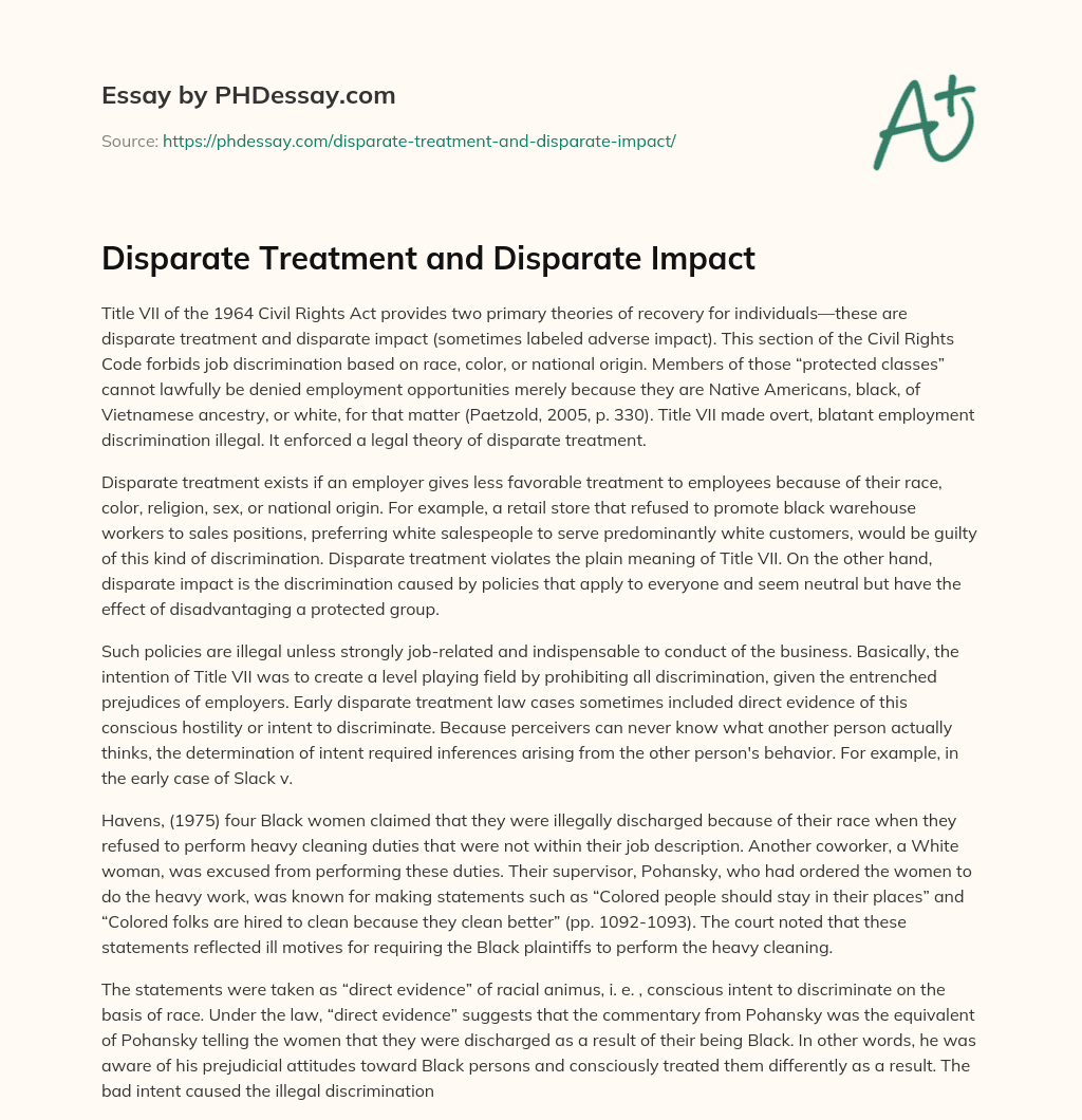 Disparate Treatment and Disparate Impact essay