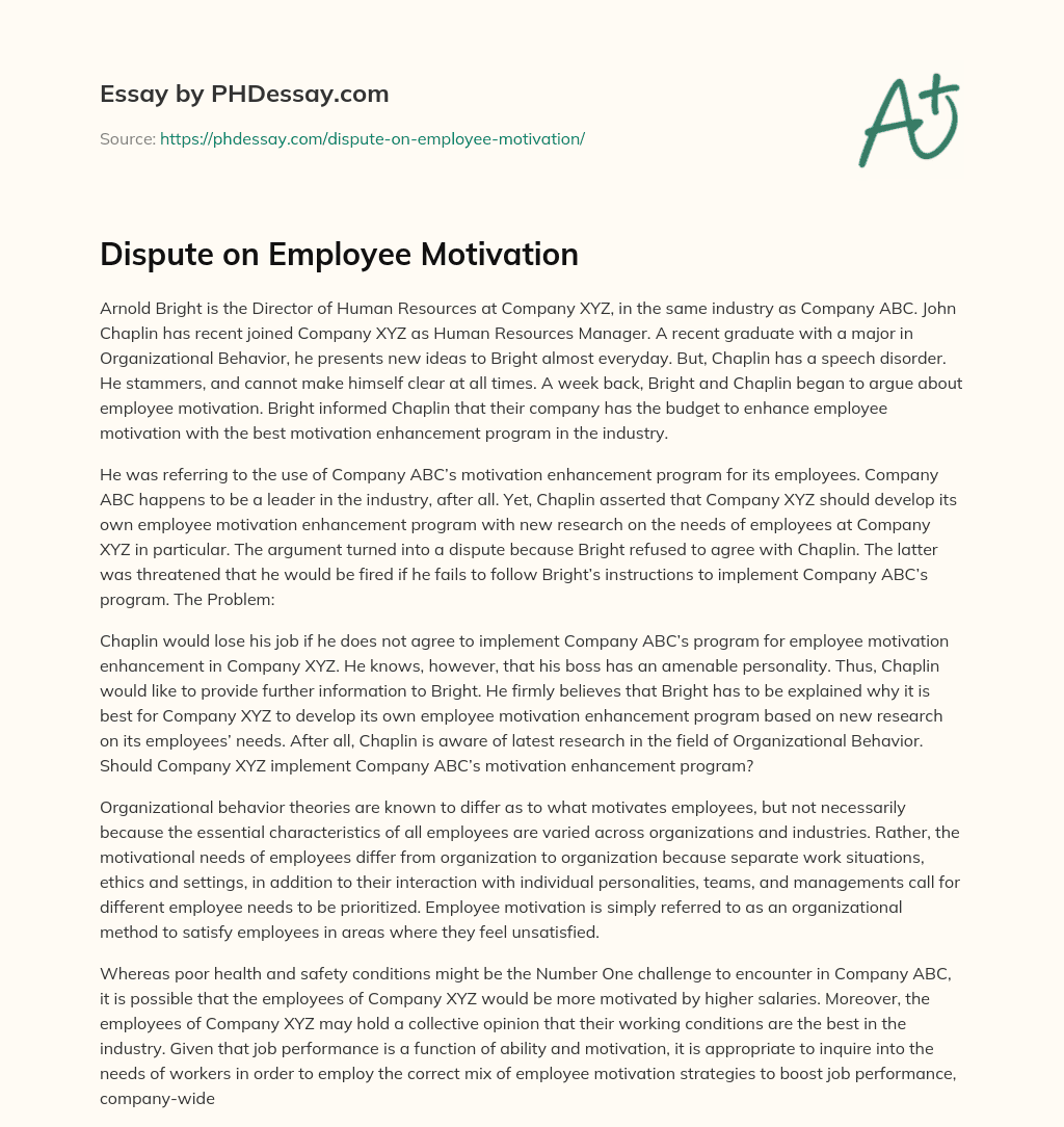 Dispute on Employee Motivation essay