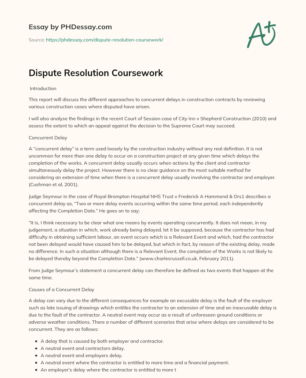 Dispute Resolution Coursework essay