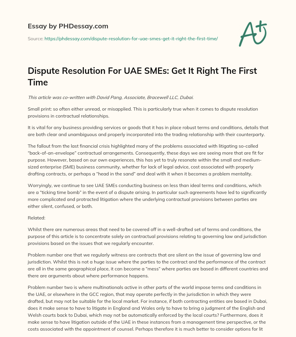 Dispute Resolution For UAE SMEs: Get It Right The First Time essay