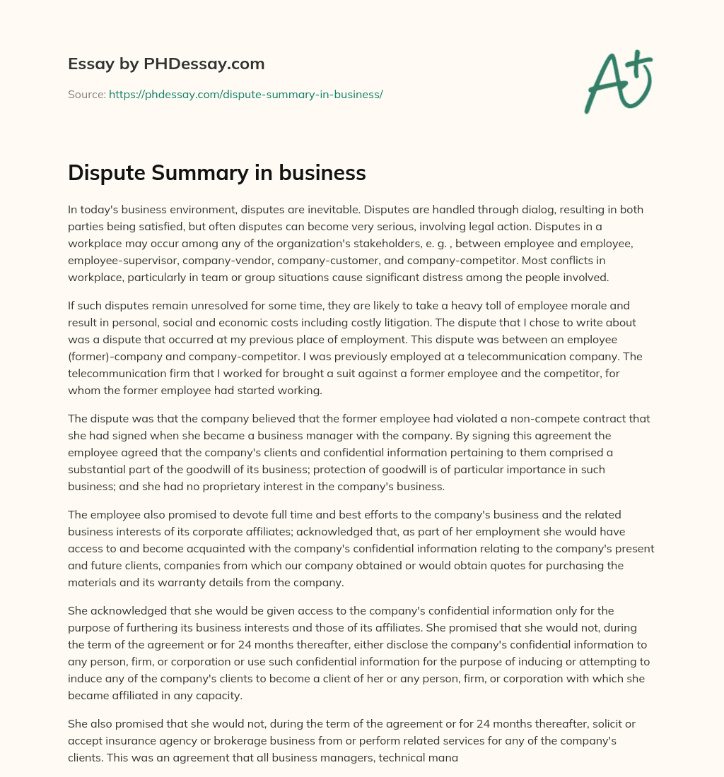 Dispute Summary in business essay