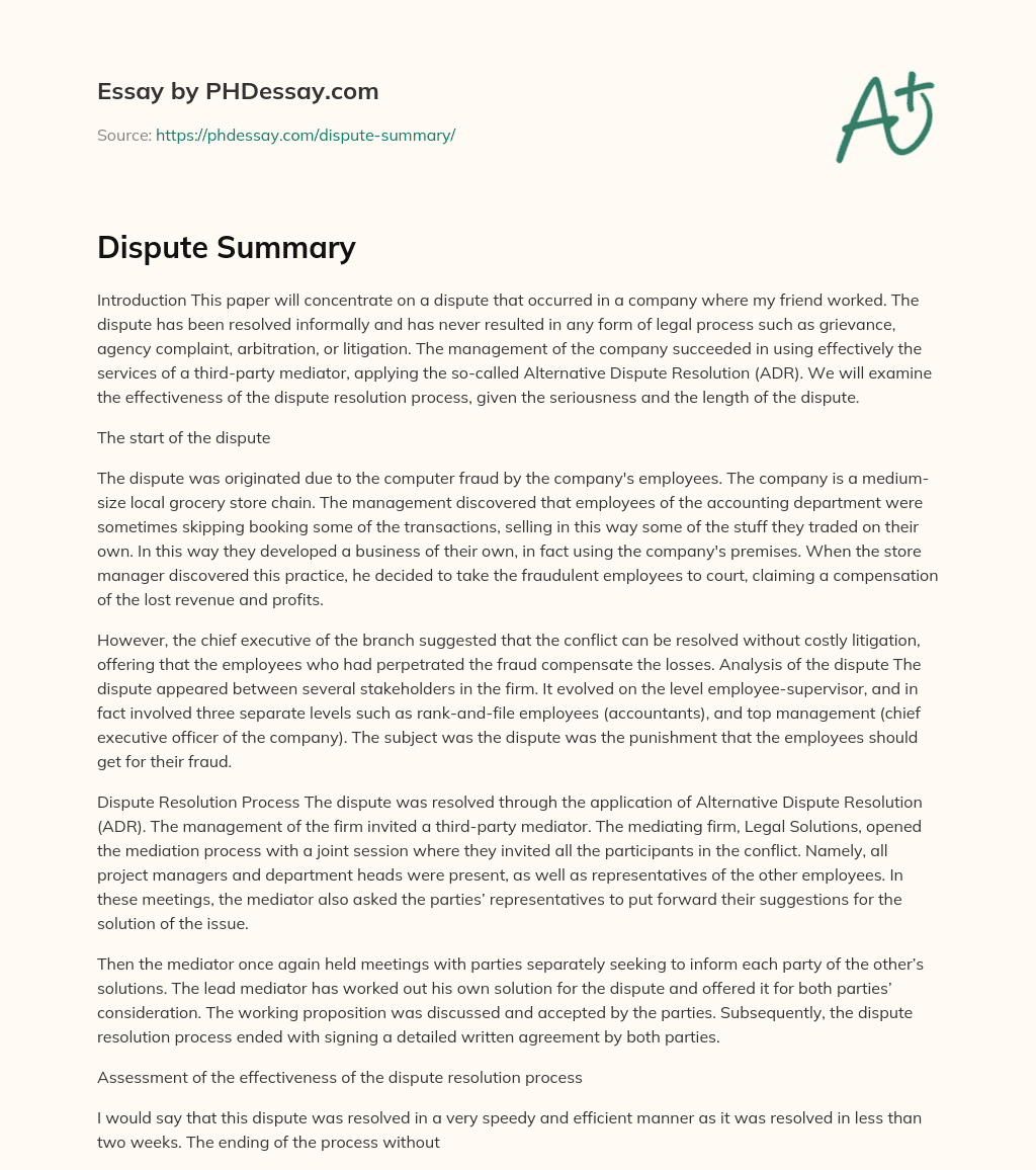 Dispute Summary essay