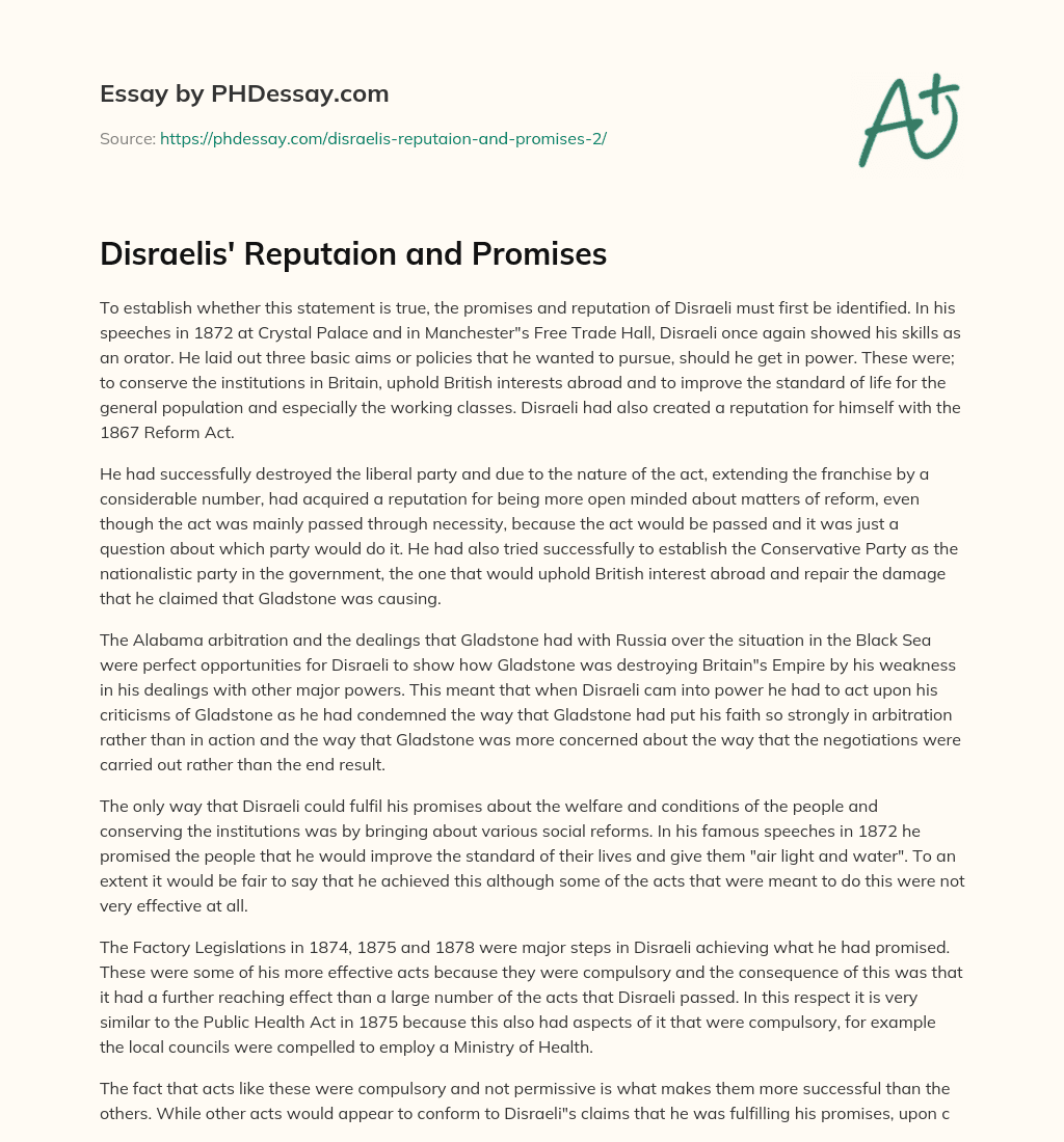Disraelis’ Reputaion and Promises essay