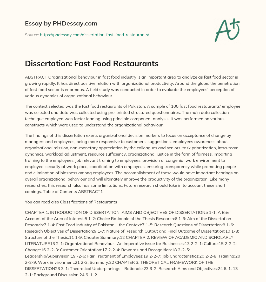 Dissertation: Fast Food Restaurants essay