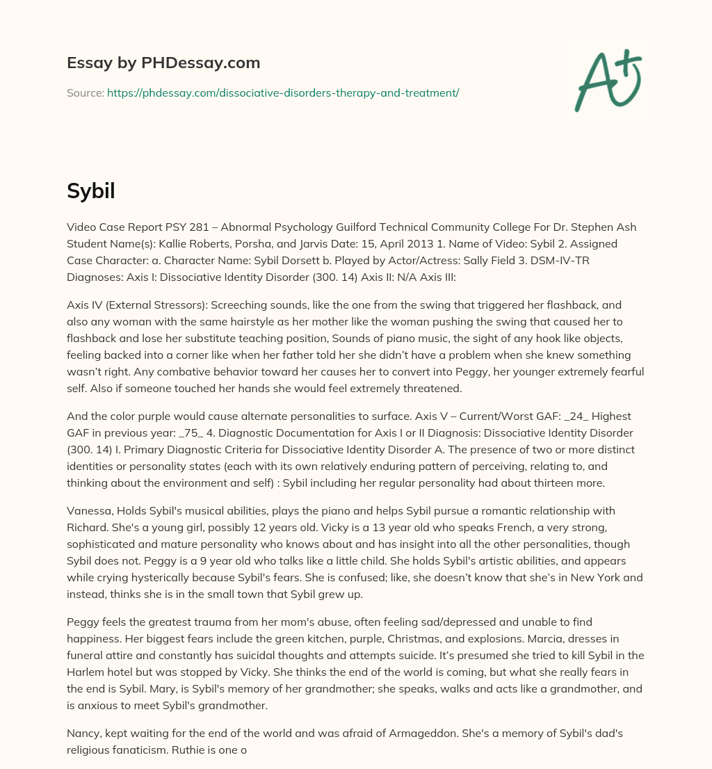 Video Case Report: Sybil – Dissociative Identity Disorder (300.14) essay