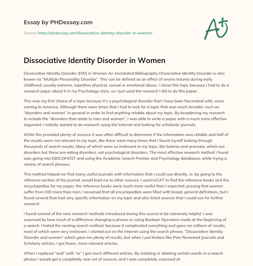 Dissociative Identity Disorder in Women essay