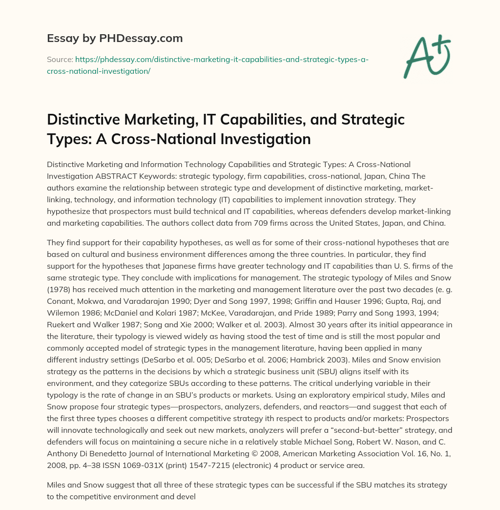 Distinctive Marketing, IT Capabilities, and Strategic Types: A Cross-National Investigation essay