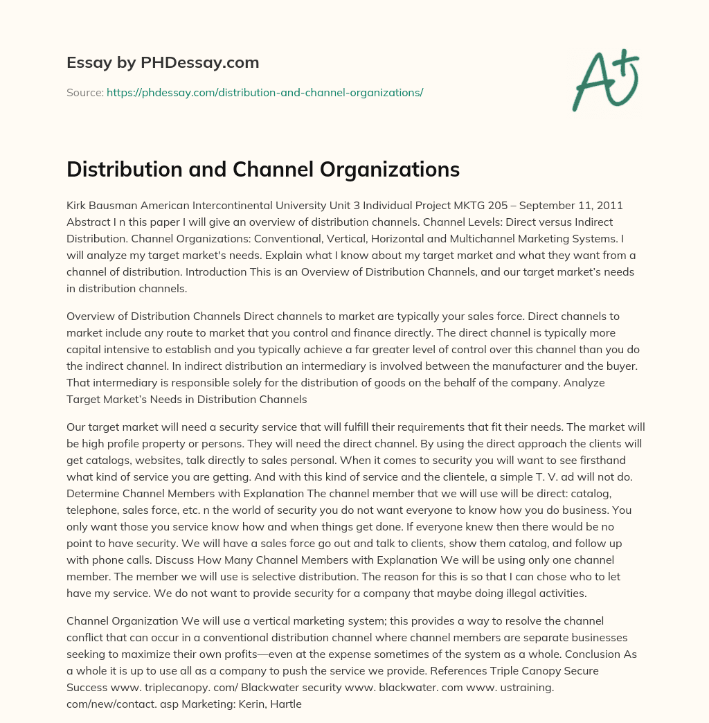 Distribution and Channel Organizations essay