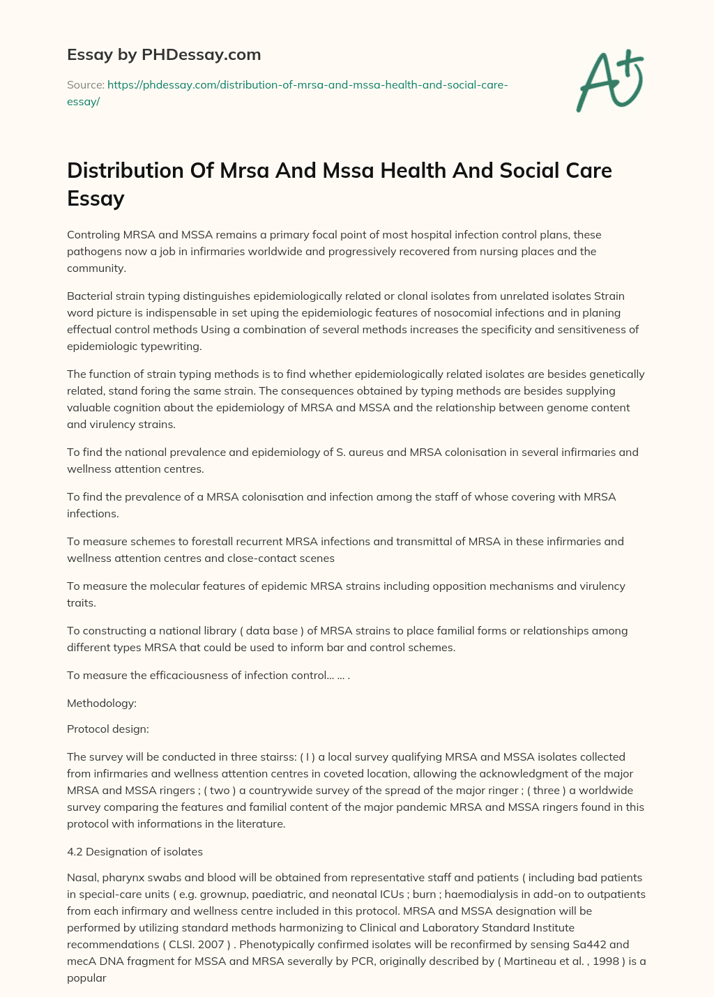 Distribution Of Mrsa And Mssa Health And Social Care Essay essay