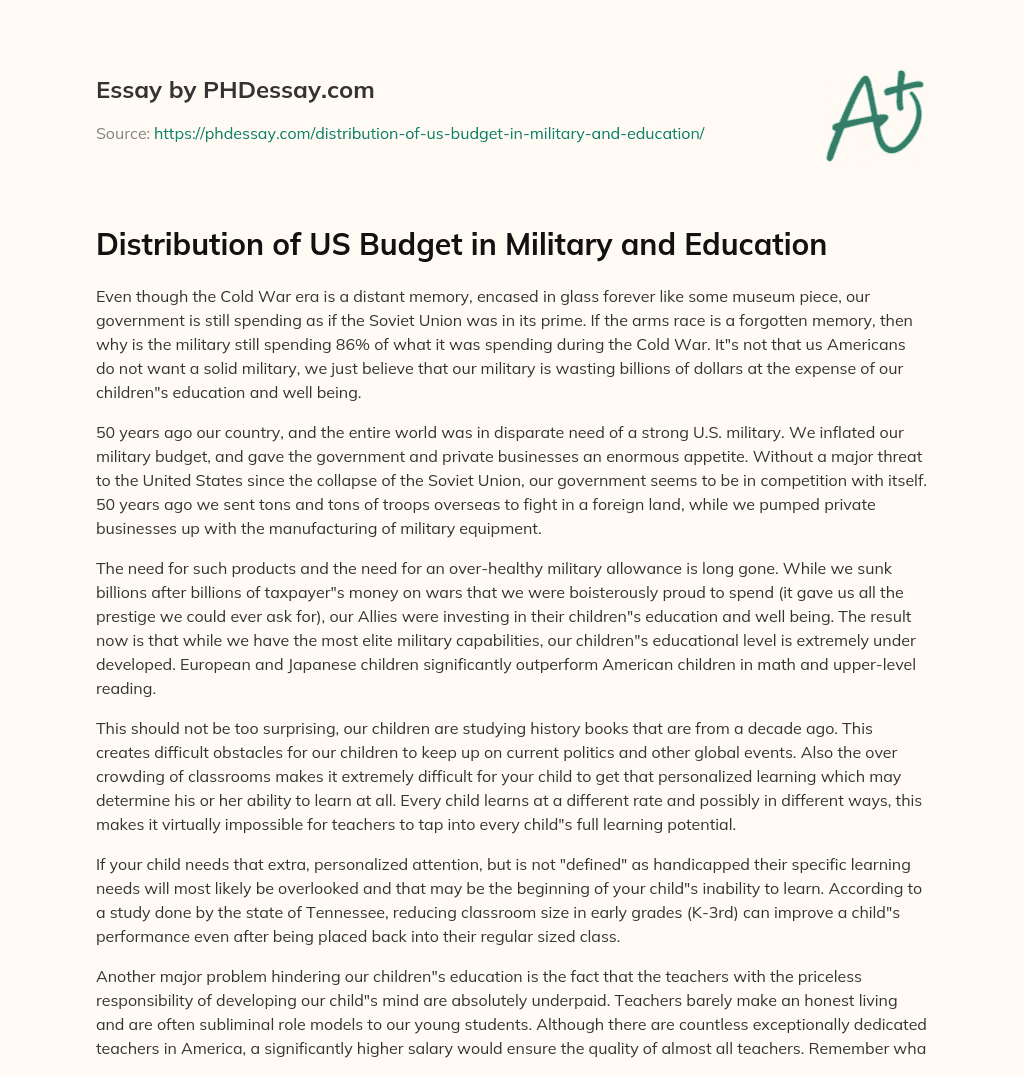 Distribution of US Budget in Military and Education essay