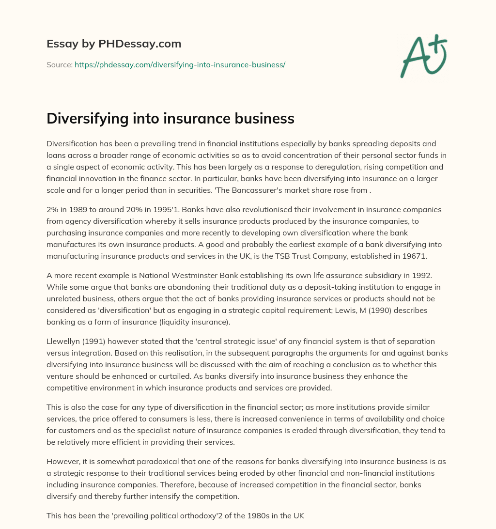 Diversifying into insurance business essay
