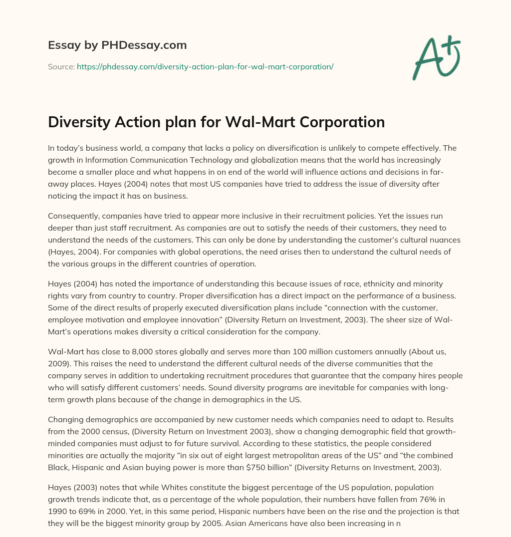 Diversity Action plan for Wal-Mart Corporation essay