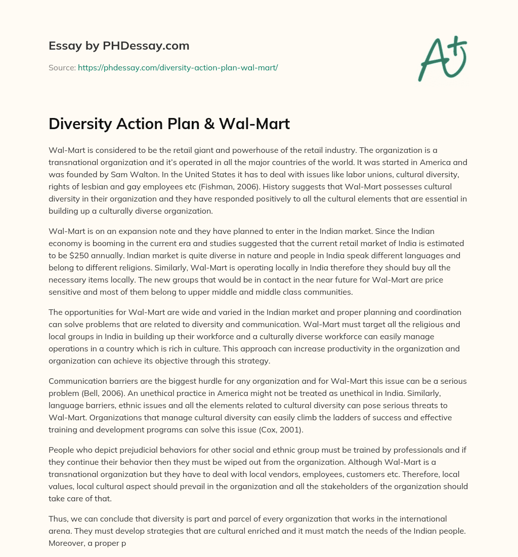 Diversity Action Plan & Wal-Mart essay