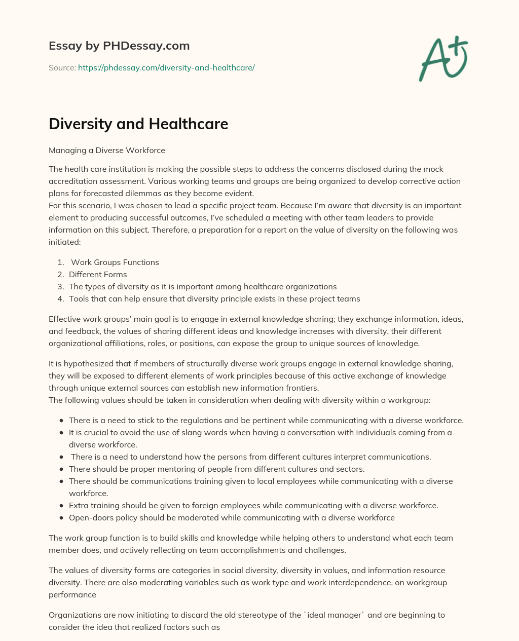 Diversity and Healthcare essay