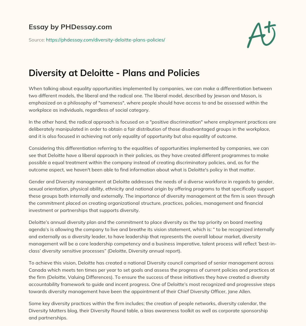 Diversity at Deloitte – Plans and Policies essay
