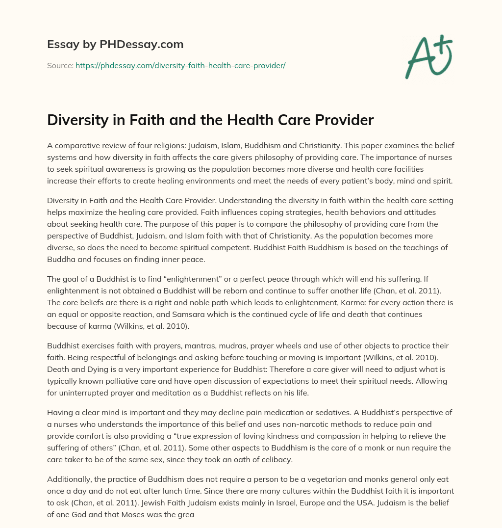 Diversity in Faith and the Health Care Provider essay