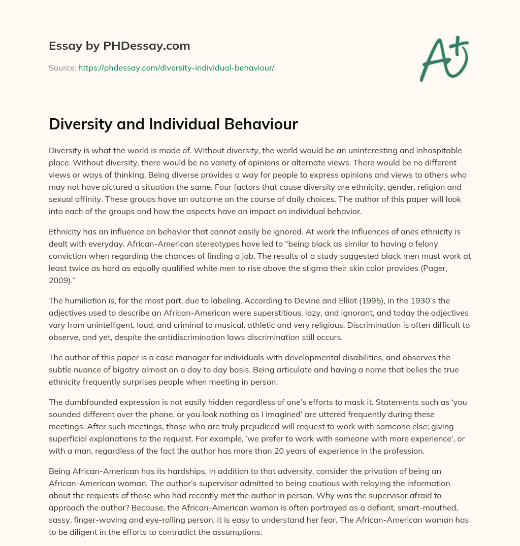 Diversity and Individual Behaviour essay