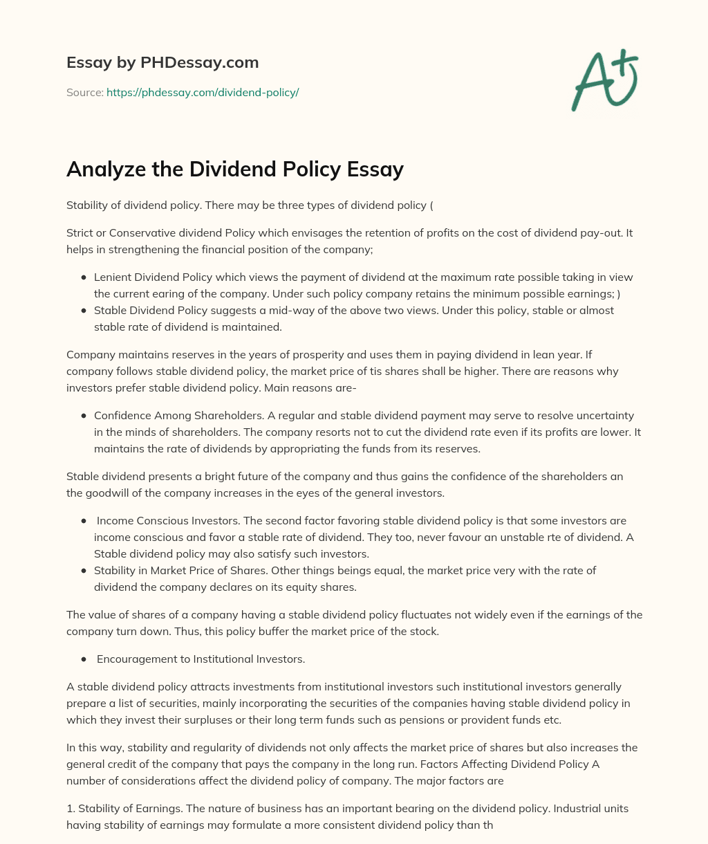 Benefits of Stable Dividend Policy for Companies and Investors essay