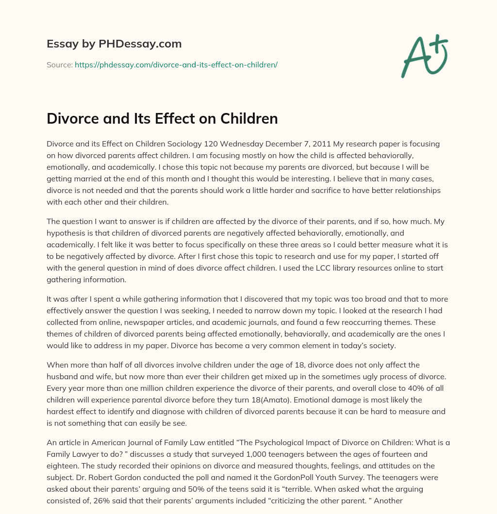 Divorce and Its Effect on Children essay