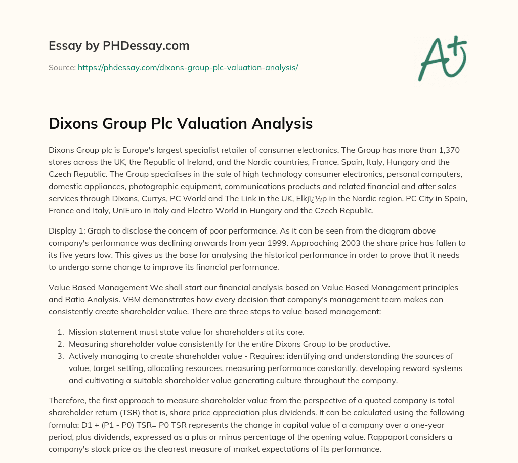 Dixons Group Plc Valuation Analysis essay