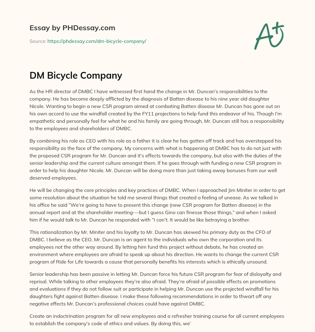 DM Bicycle Company essay