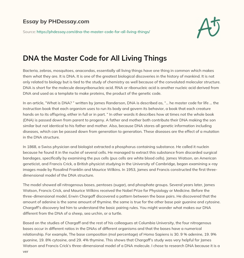 DNA the Master Code for All Living Things essay