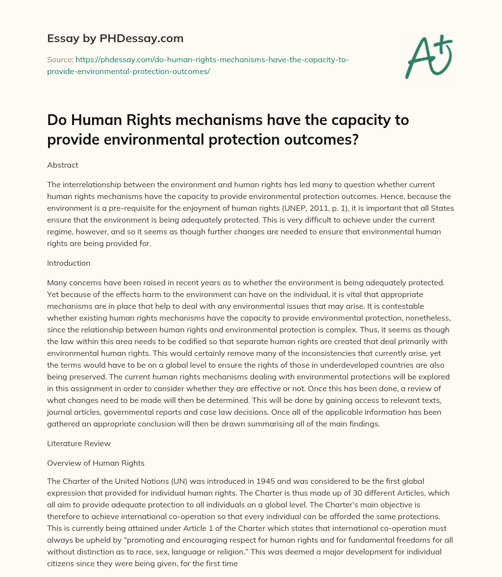 Do Human Rights mechanisms have the capacity to provide environmental protection outcomes? essay