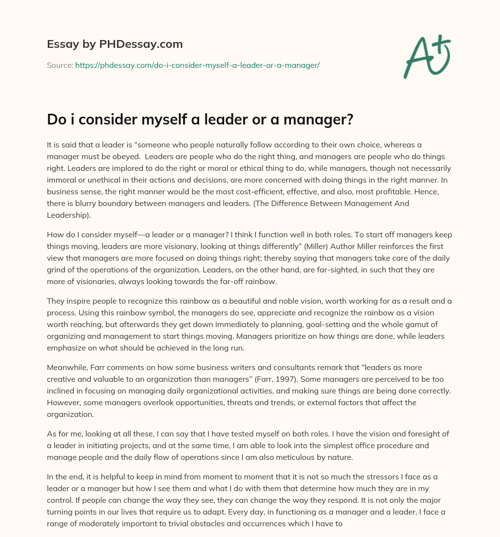 Do i consider myself a leader or a manager? essay