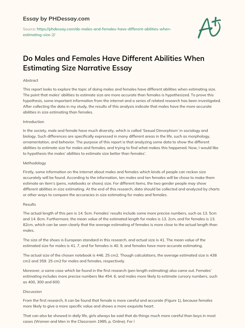Do Males and Females Have Different Abilities When Estimating Size Narrative Essay essay