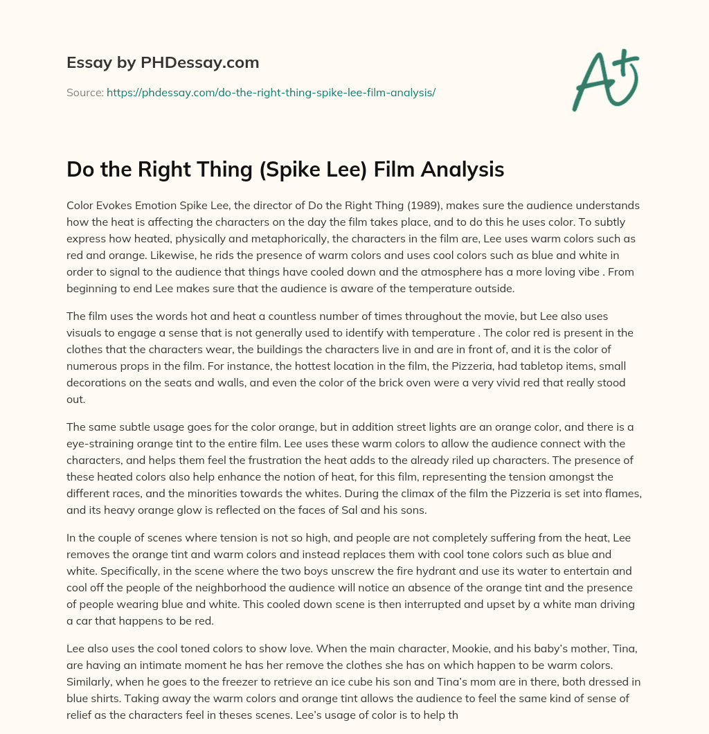 Do the Right Thing (Spike Lee) Film Analysis essay