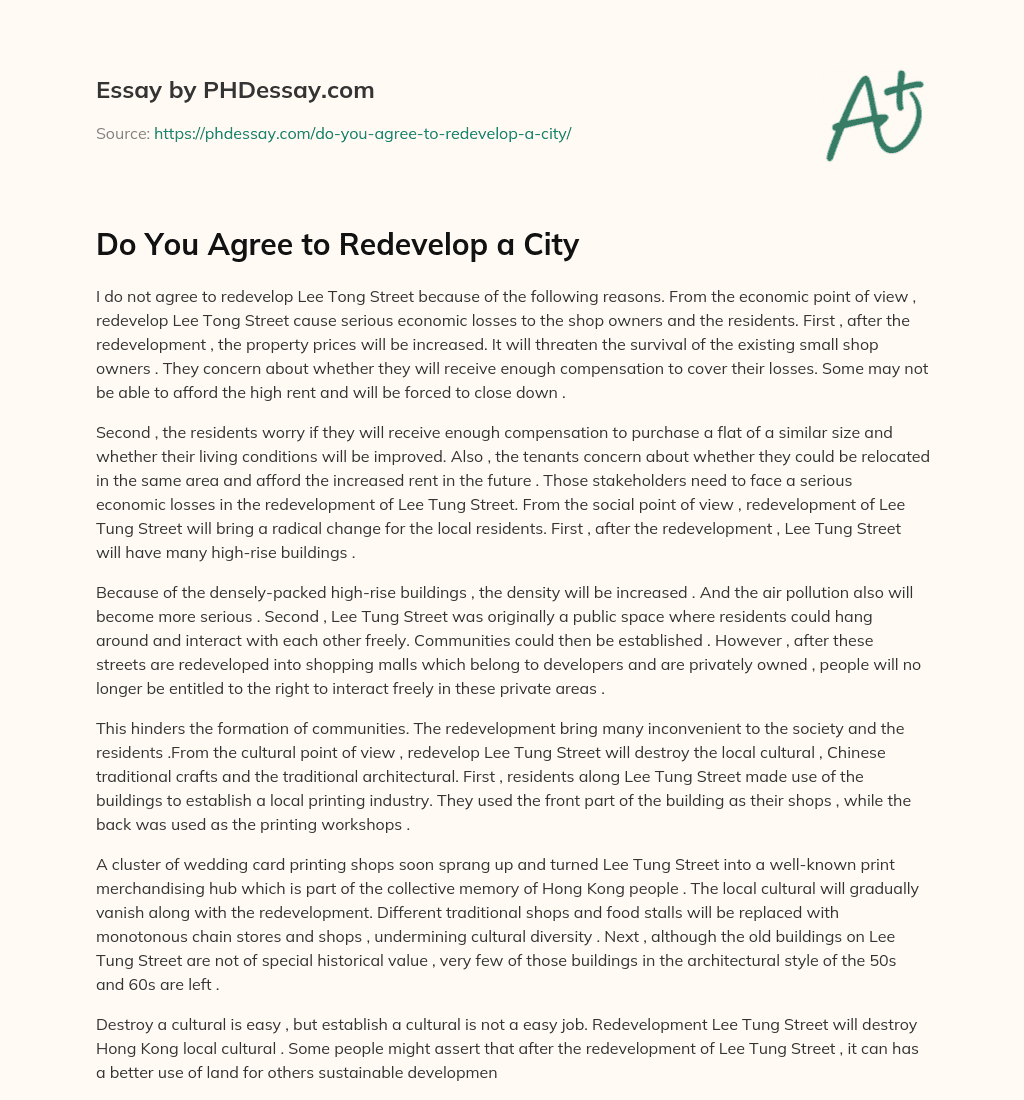 Do You Agree to Redevelop a City essay