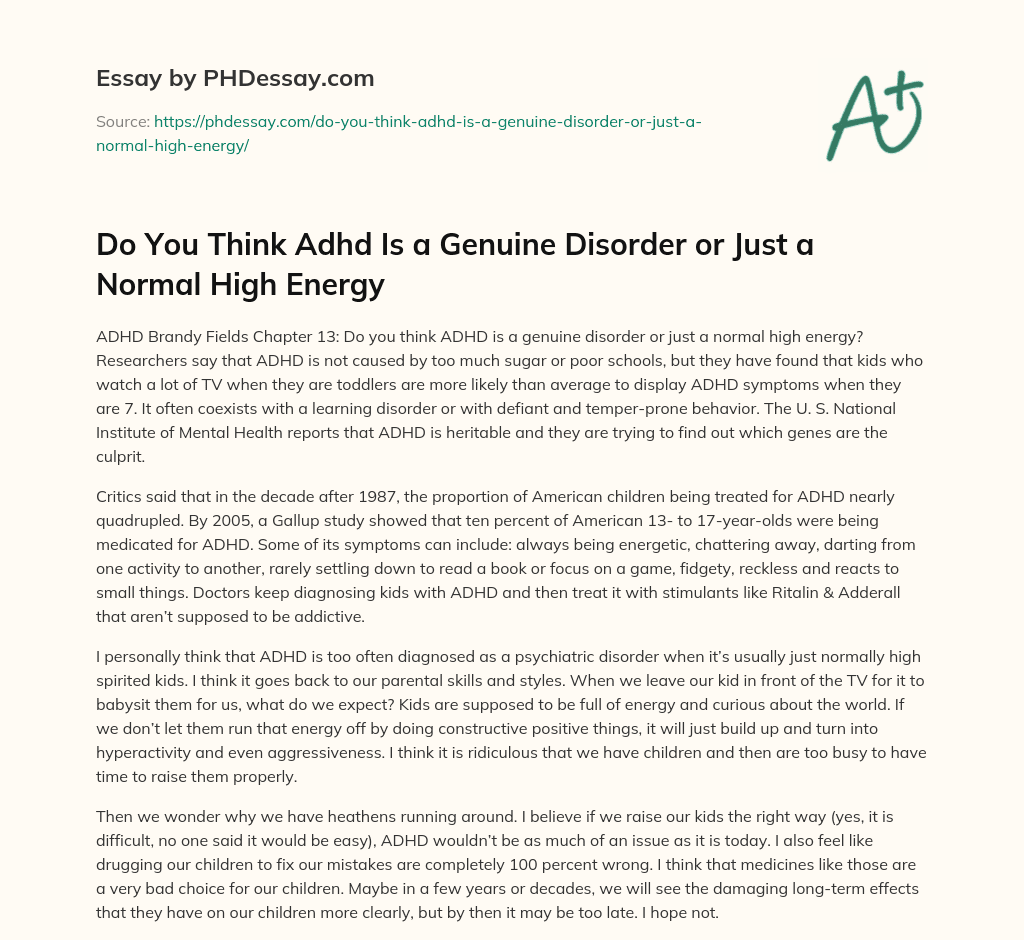 Do You Think Adhd Is a Genuine Disorder or Just a Normal High Energy essay