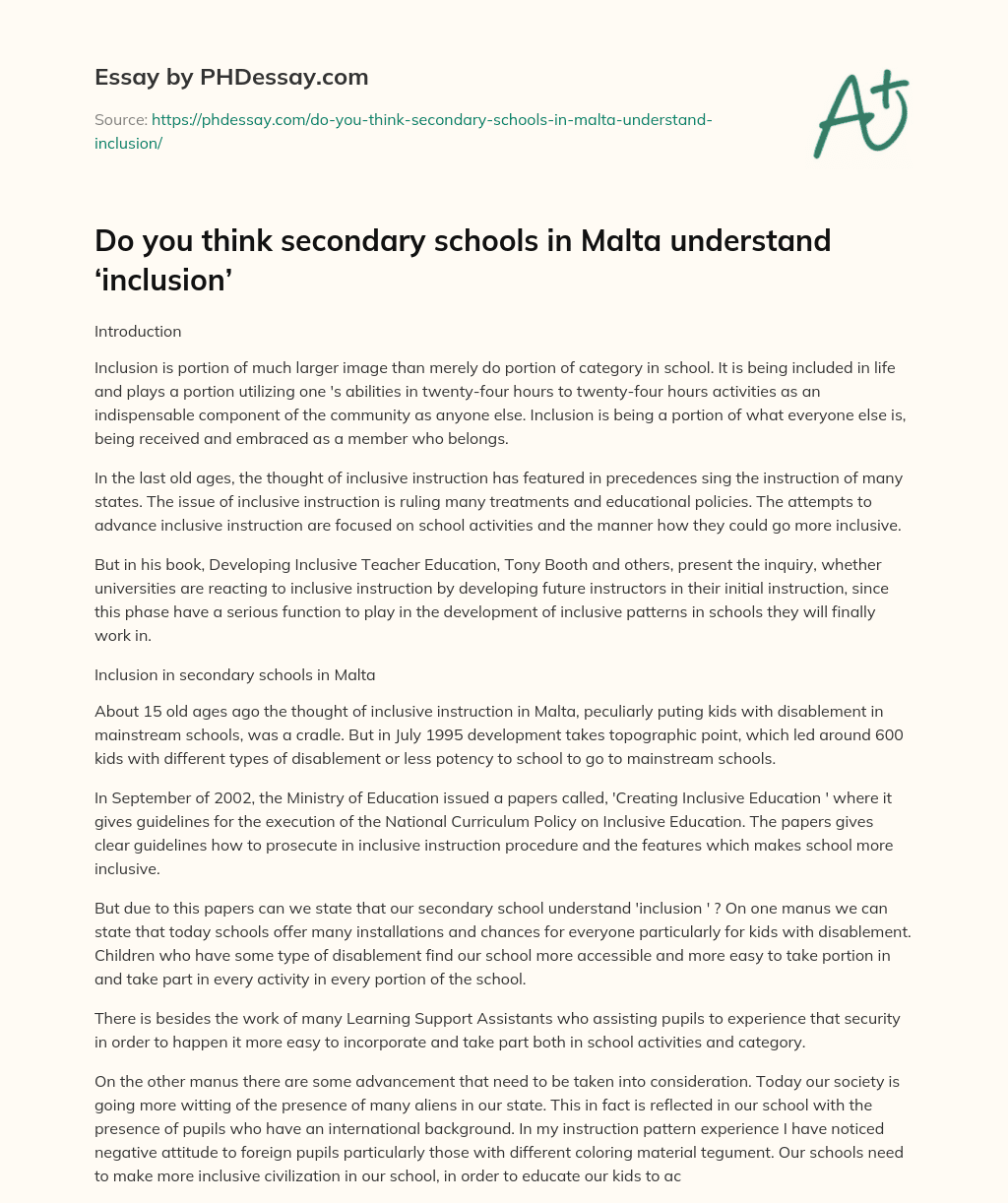 Do you think secondary schools in Malta understand ‘inclusion’ essay
