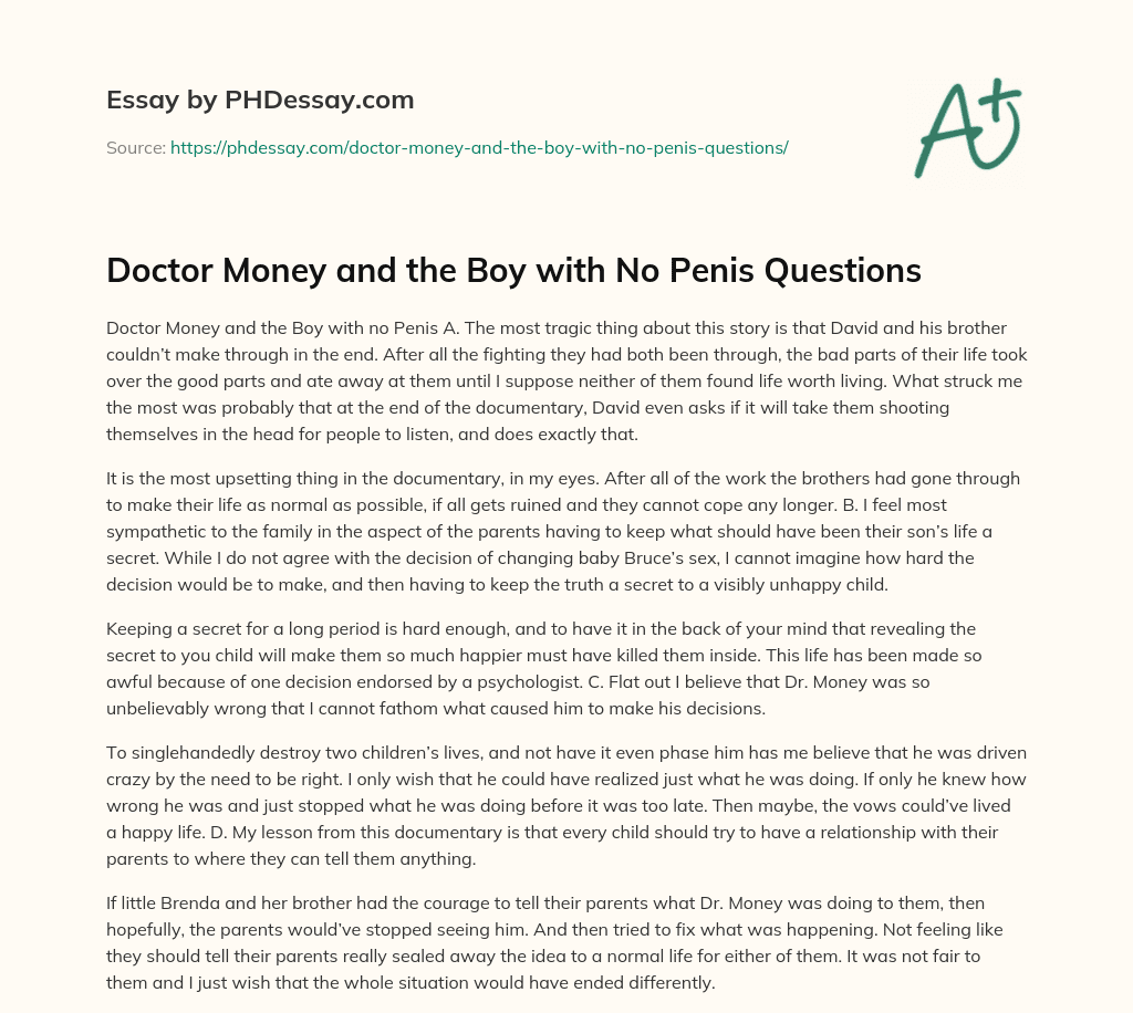 Doctor Money and the Boy with No Penis Questions essay