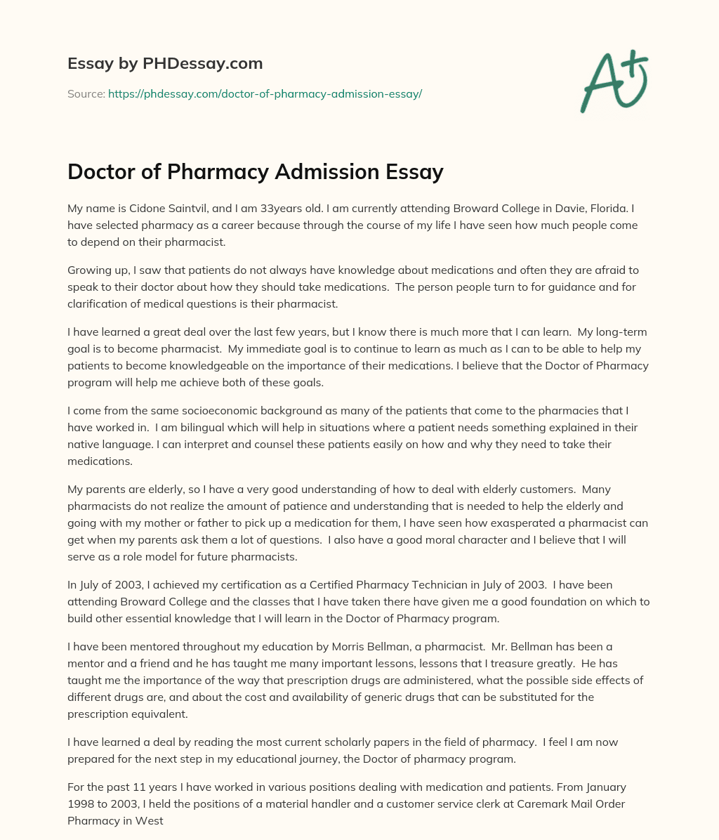 pharmacy admission essay