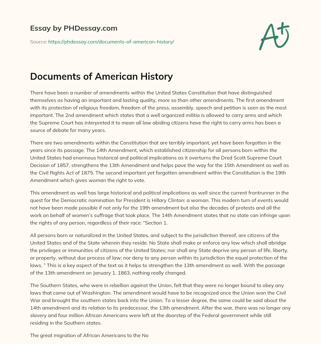 Documents of American History essay