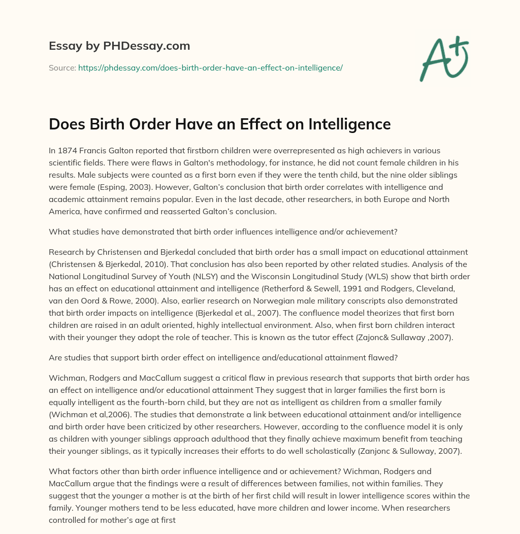 Does Birth Order Have an Effect on Intelligence essay