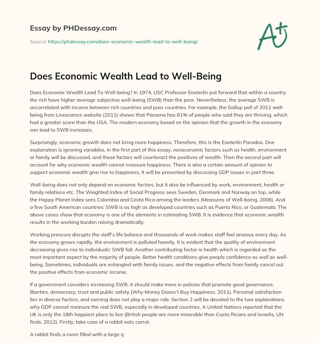 Does Economic Wealth Lead to Well-Being essay