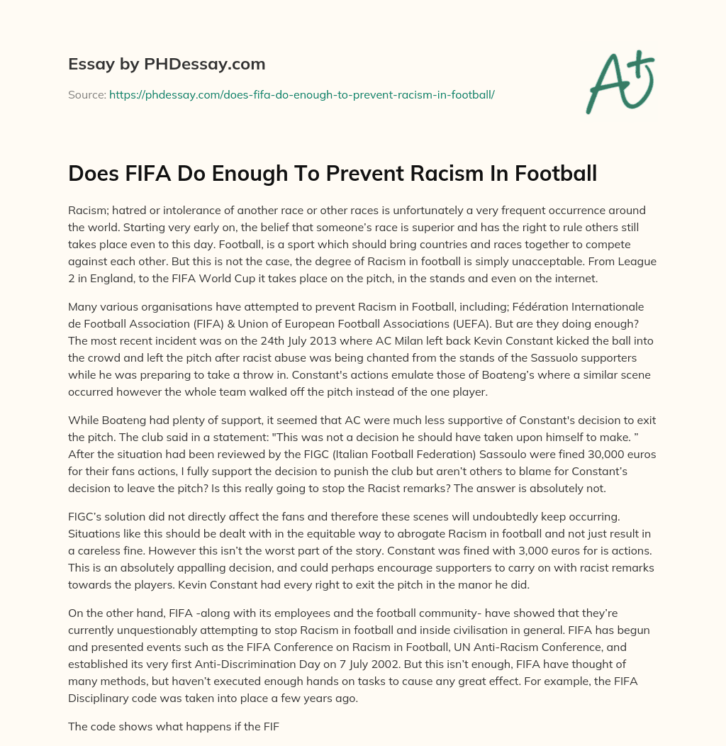 Does FIFA Do Enough To Prevent Racism In Football essay