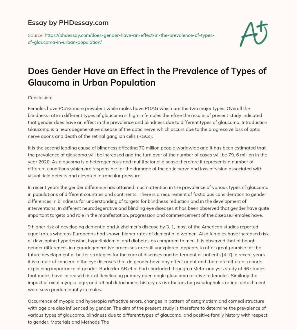 Does Gender Have an Effect in the Prevalence of Types of Glaucoma in Urban Population essay