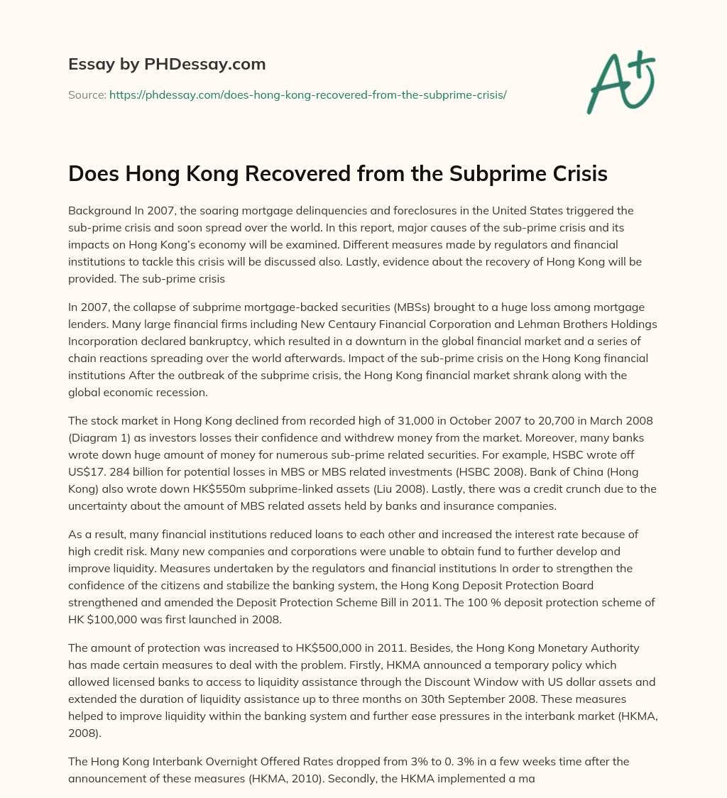 Does Hong Kong Recovered from the Subprime Crisis essay