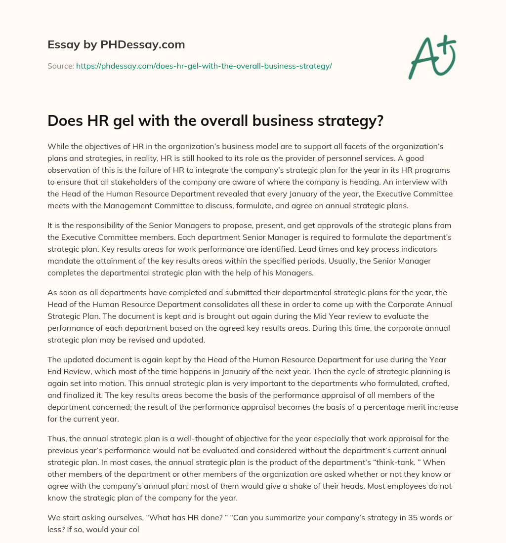 Does HR gel with the overall business strategy? essay