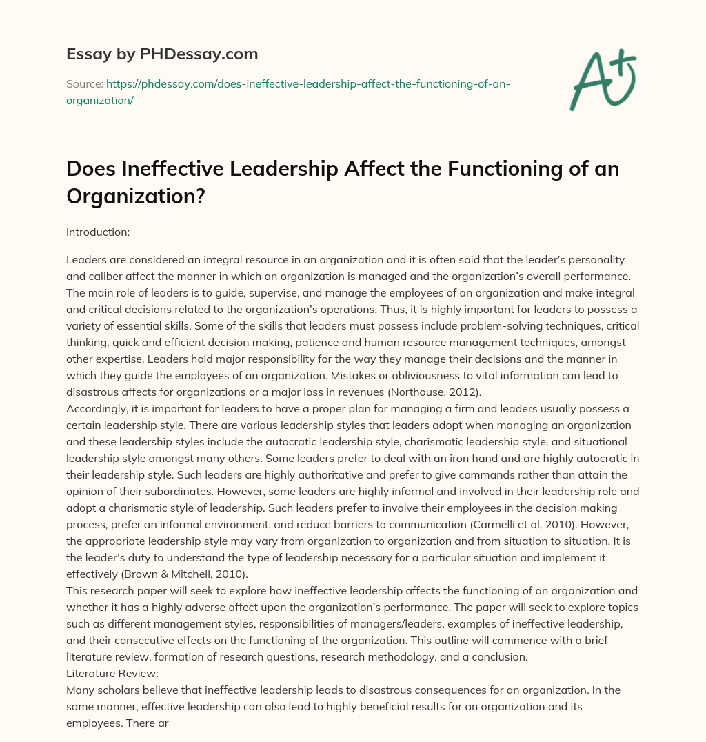 Does Ineffective Leadership Affect the Functioning of an Organization? essay