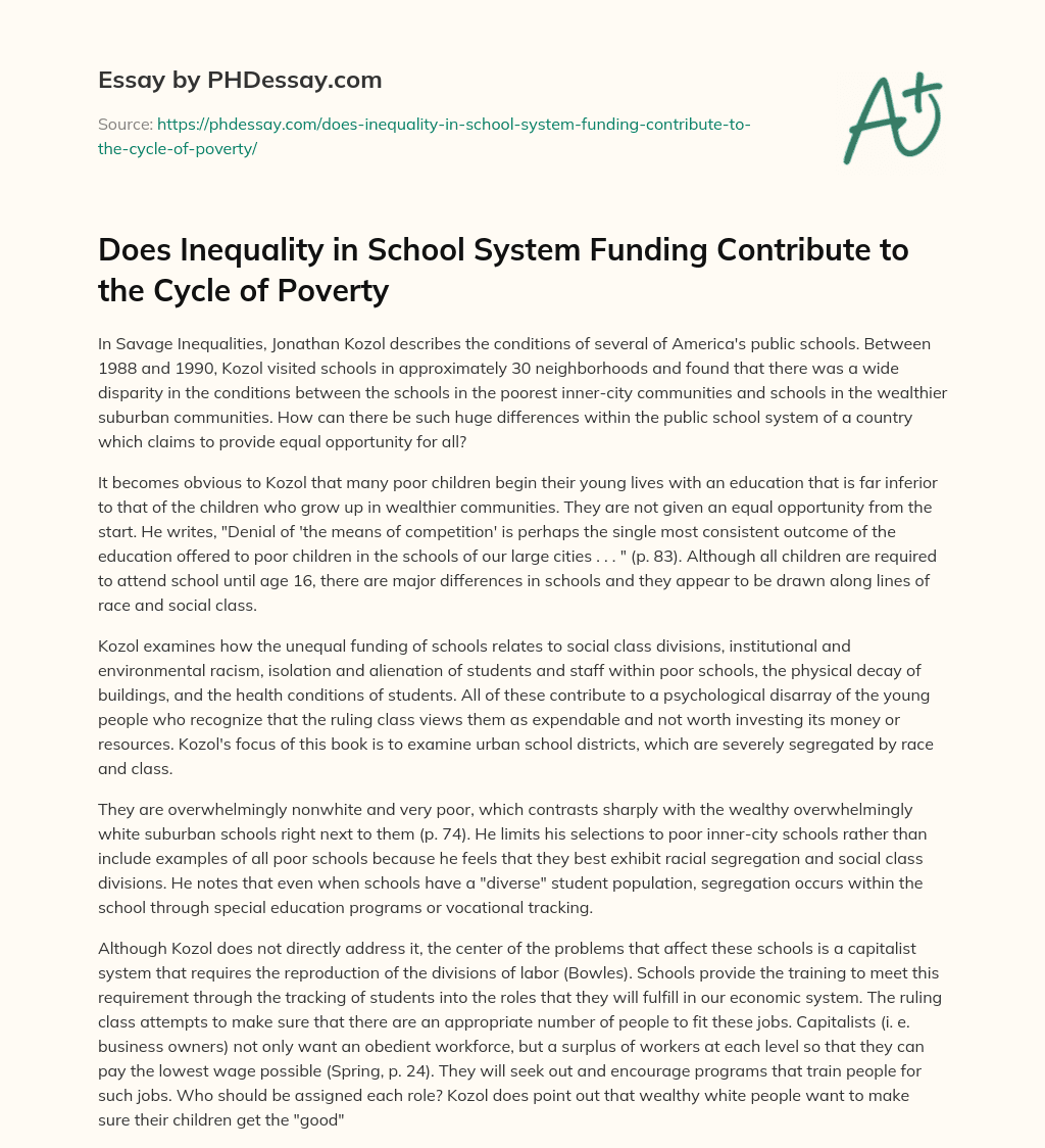 Does Inequality in School System Funding Contribute to the Cycle of Poverty essay