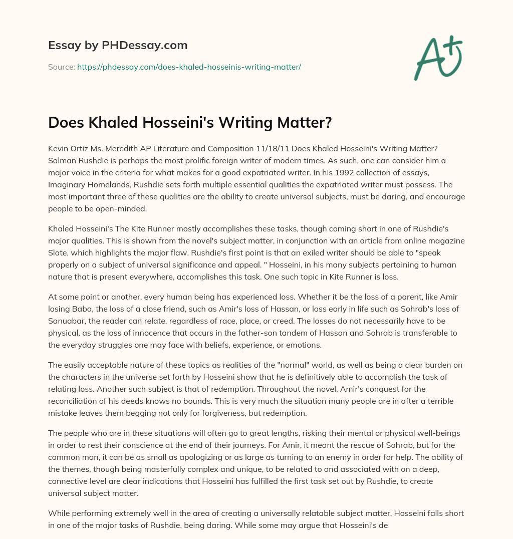 Does Khaled Hosseini’s Writing Matter? essay