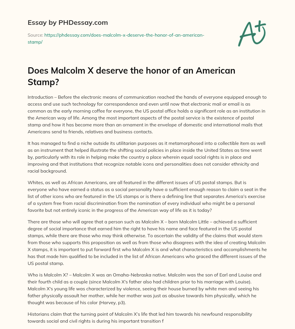 Does Malcolm X deserve the honor of an American Stamp? essay