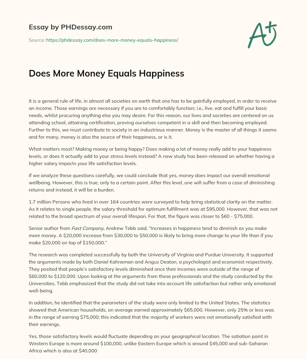 money equals happiness essay