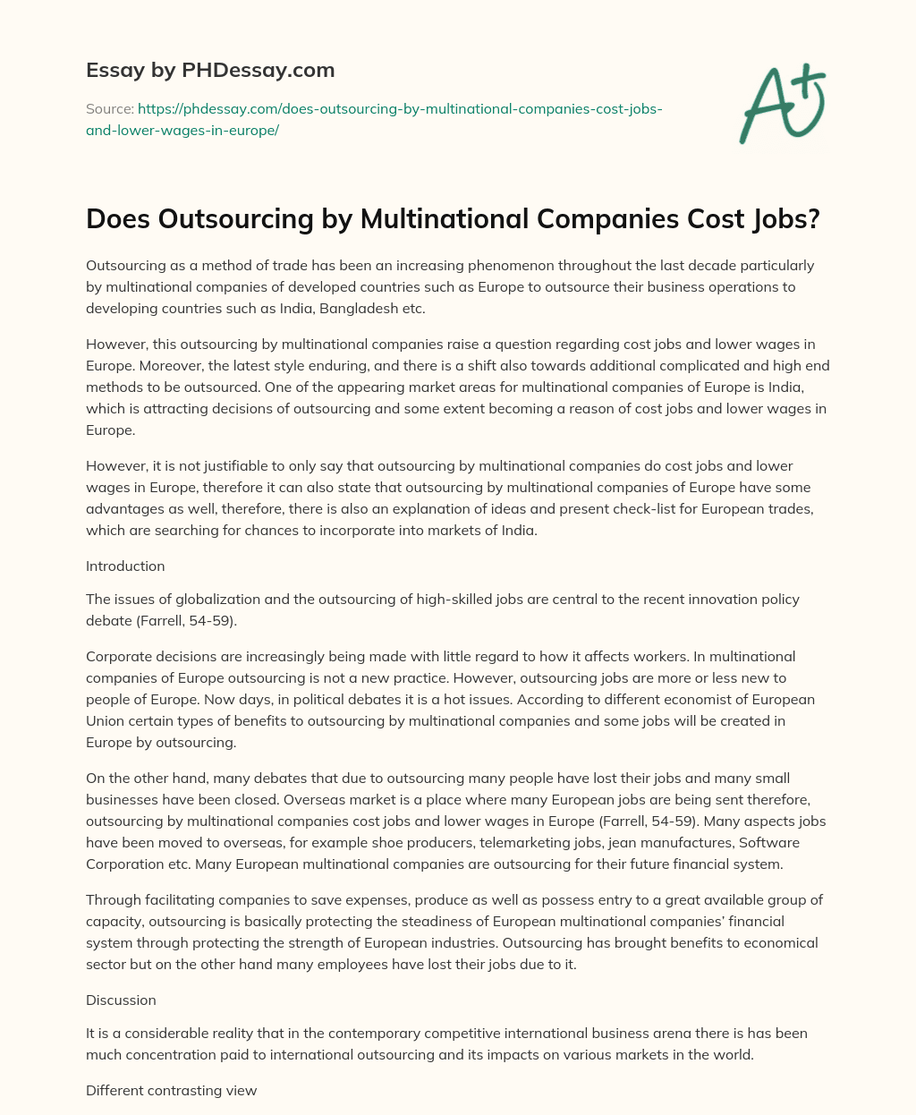 Does Outsourcing by Multinational Companies Cost Jobs? essay