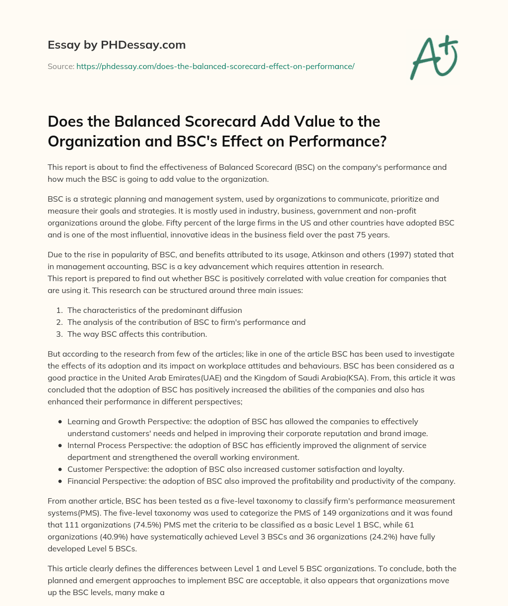Does the Balanced Scorecard Add Value to the Organization and BSC’s Effect on Performance? essay