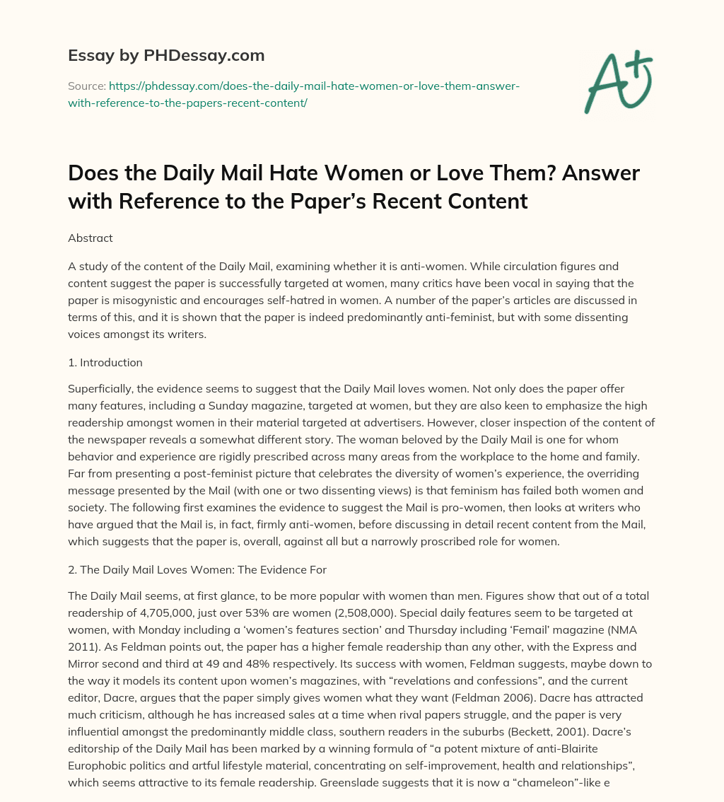 Does the Daily Mail Hate Women or Love Them? Answer with Reference to the Paper’s Recent Content essay